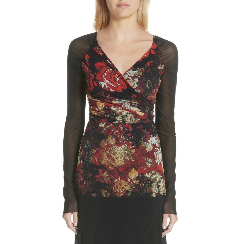 FUZZI Art Floral Print Tulle Wrap Top in Red